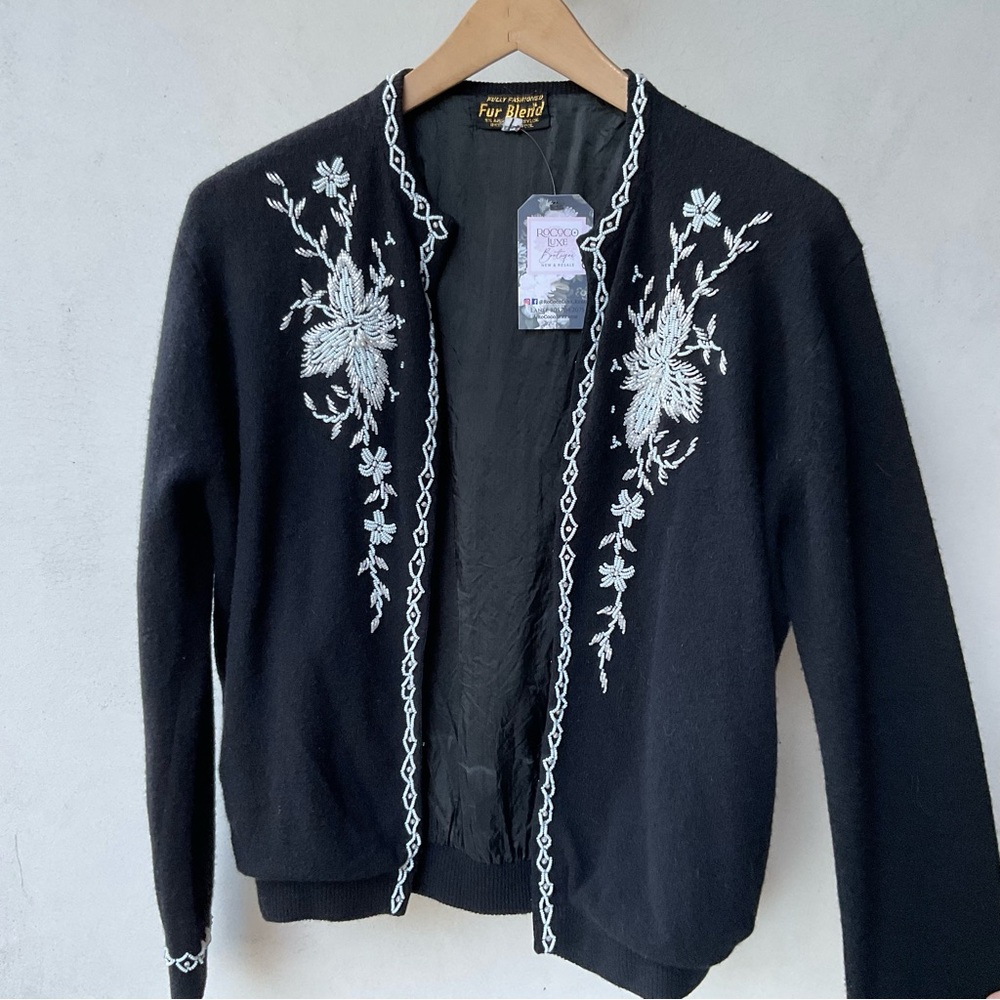 Vintage Black Cardigan lambswool‎ angora White/ivory floral beading gorgeous M